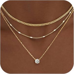 WomenGifts Layered Gold Necklaces for Women, 14K Gold Sterling Silver Plated Dainty Pendant Necklace Set Non Tarnish, Chunky Stackable Cuban Chain Choker, Trendy Personalized Birthstone Jewelry Gift for Mom